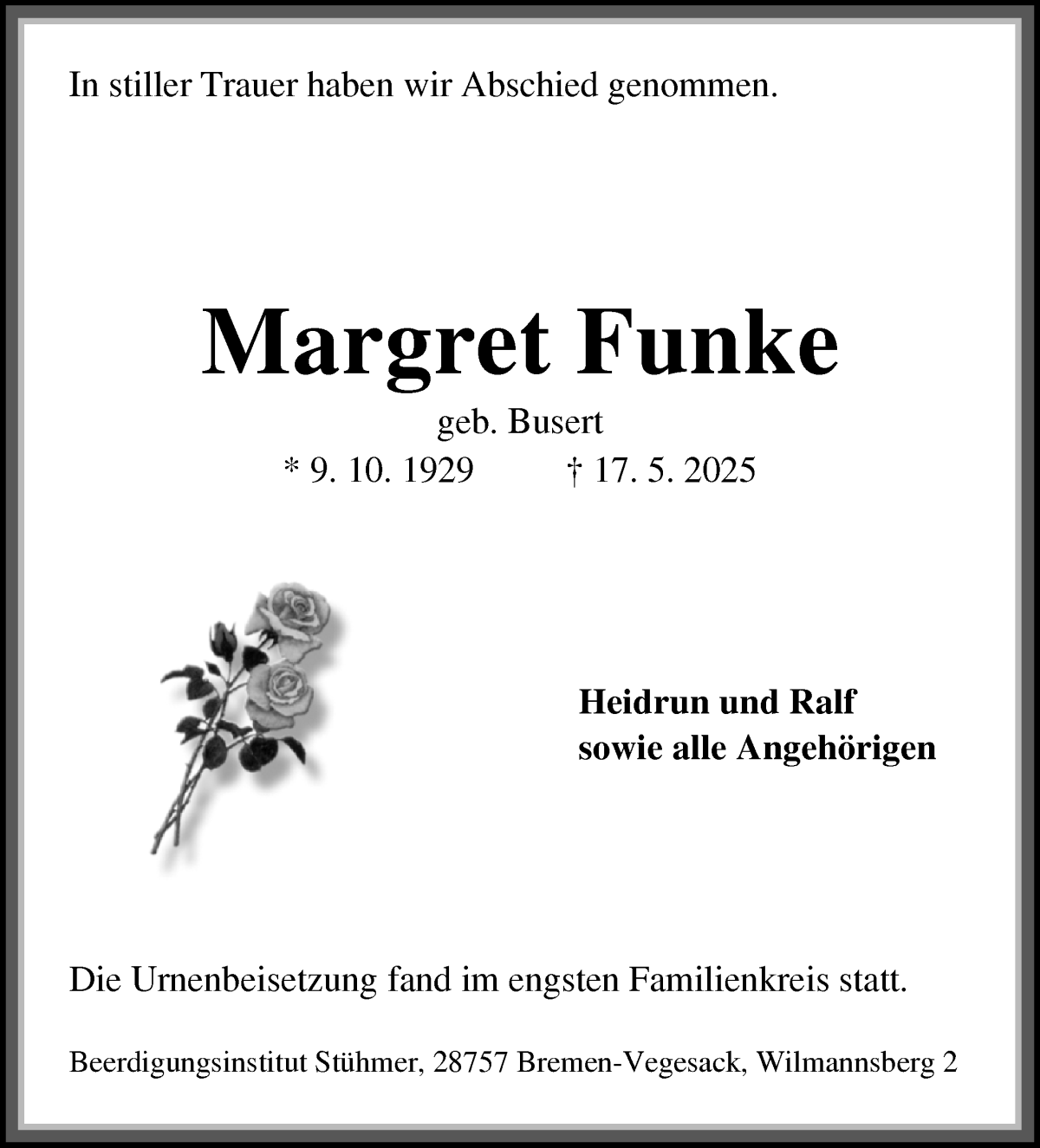 Traueranzeige von Margret Funke von Die Norddeutsche