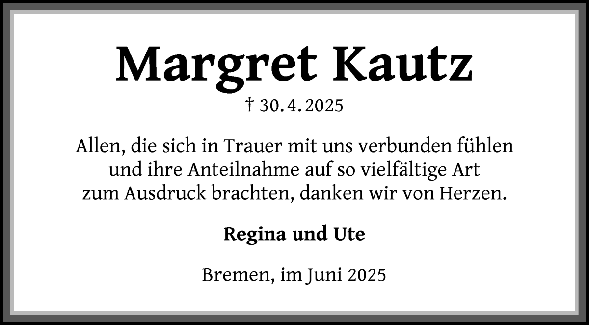 Traueranzeige von Margret Kautz von WESER-KURIER