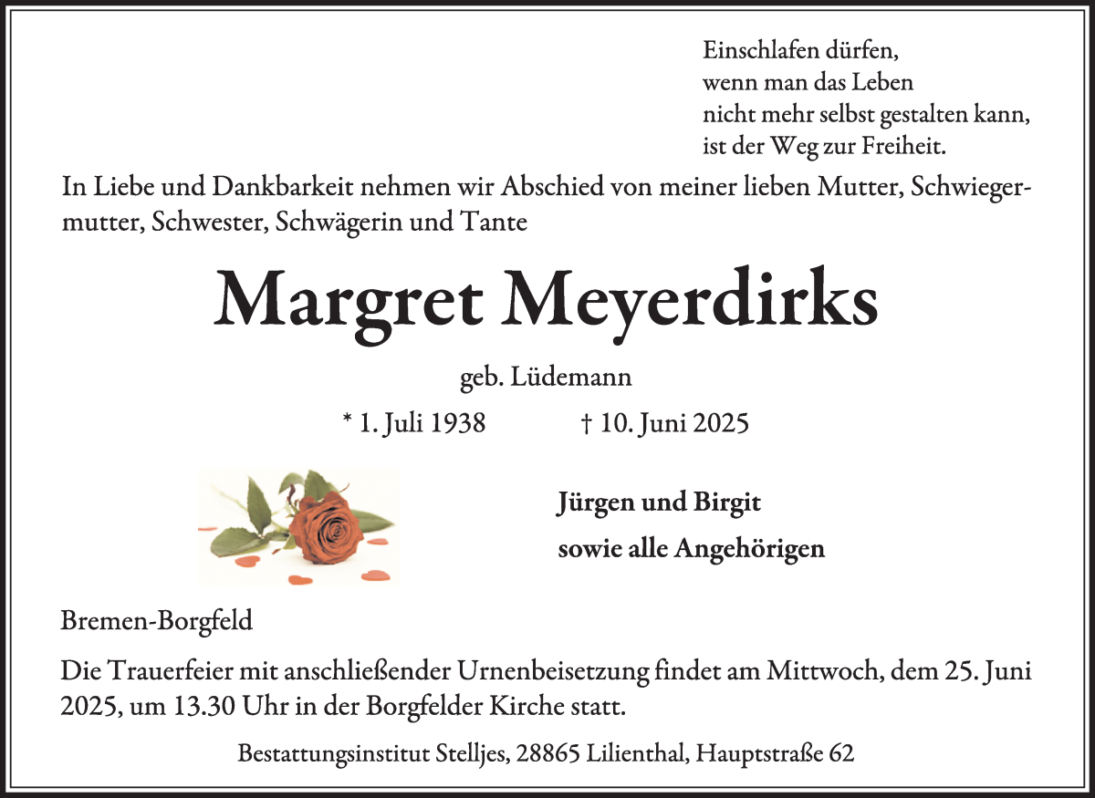 Traueranzeige von Margret Meyerdirks von WESER-KURIER