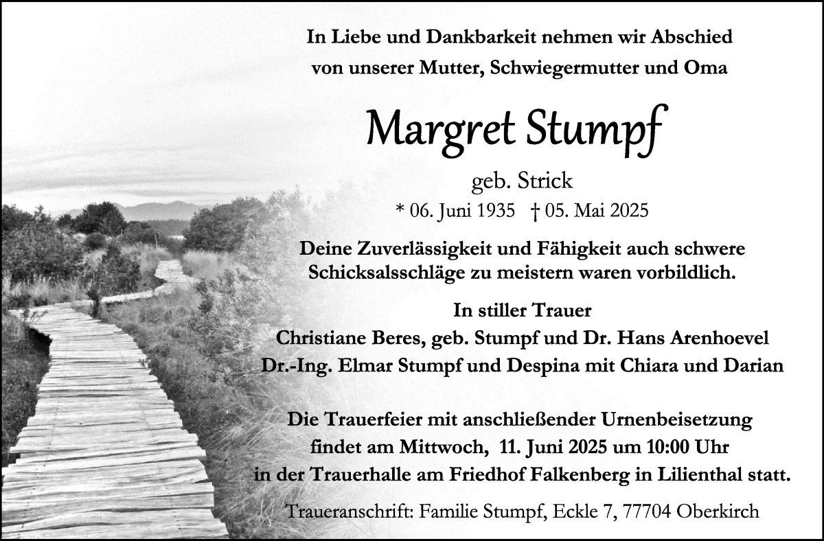 Traueranzeige von Margret Stumpf von Wuemme Zeitung