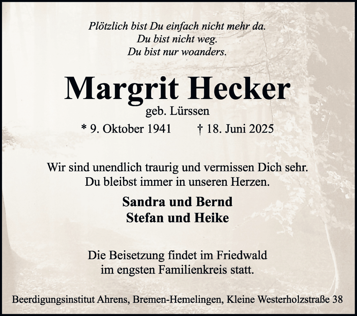 Traueranzeige von Margrit Hecker von WESER-KURIER