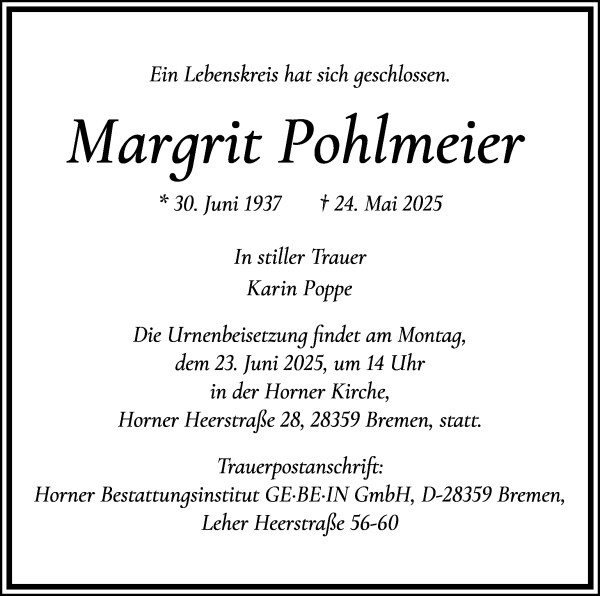 Traueranzeige von Margrit Pohlmeier von WESER-KURIER