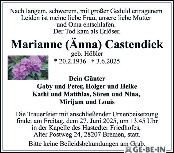 Traueranzeige von Marianne (Änna) Castendiek von WESER-KURIER
