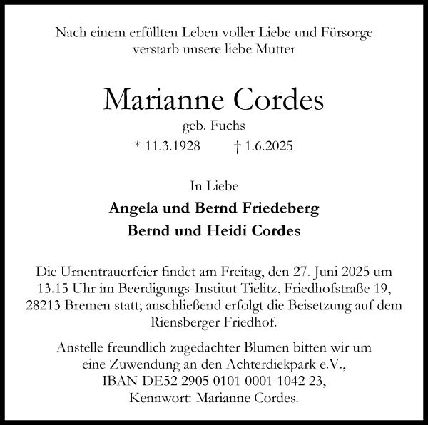 Traueranzeige von Marianne Cordes von WESER-KURIER