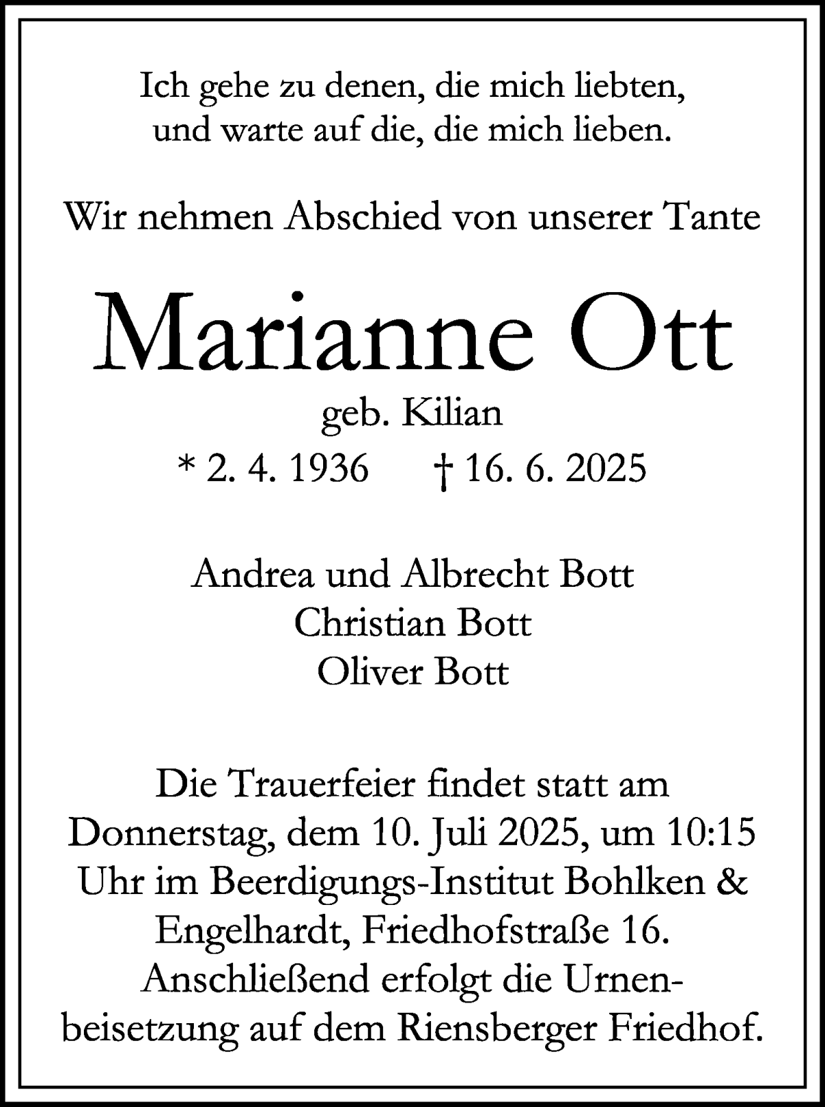 Traueranzeige von Marianne Ott von WESER-KURIER