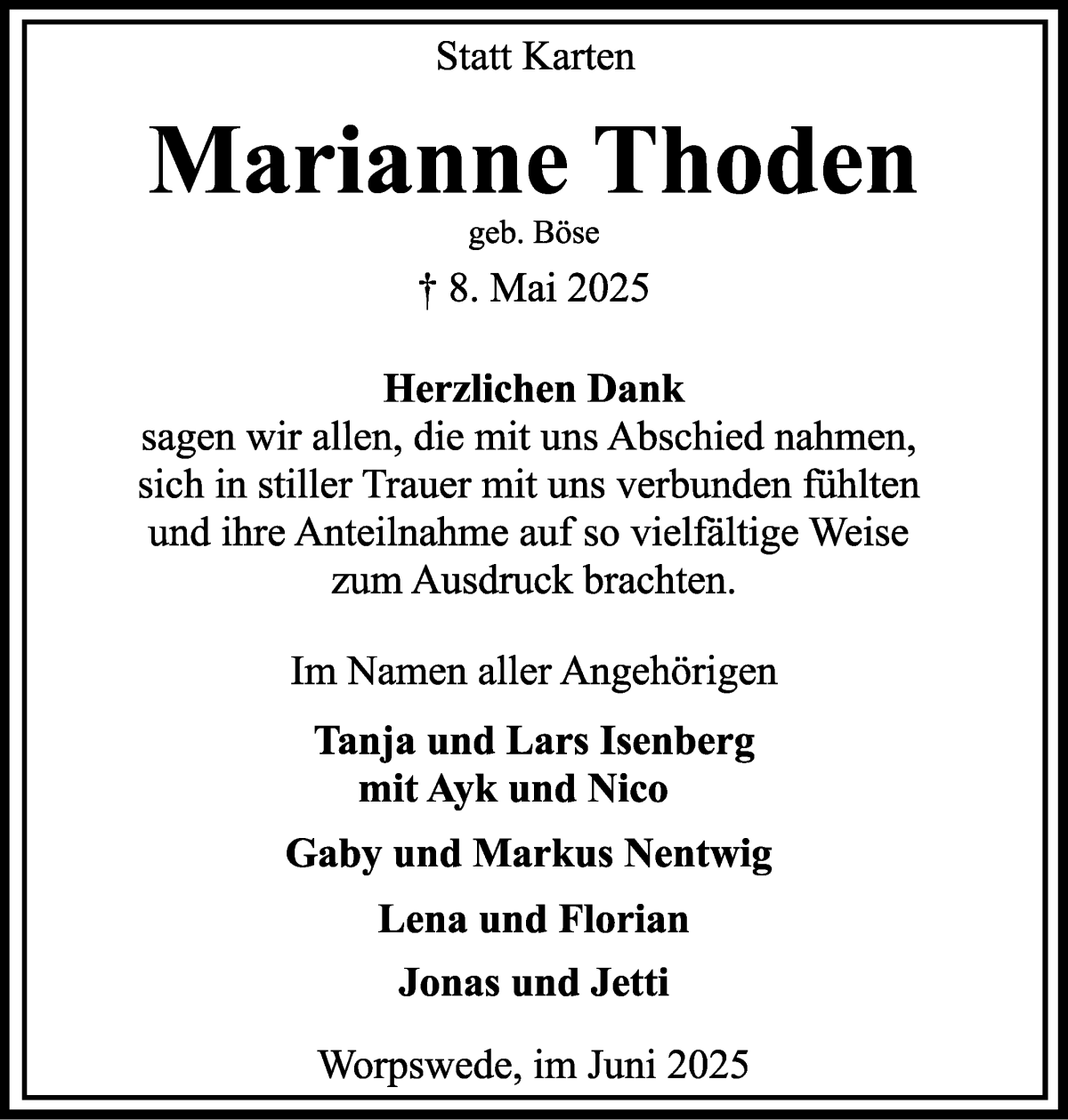 Traueranzeige von Marianne Thoden von Wuemme Zeitung