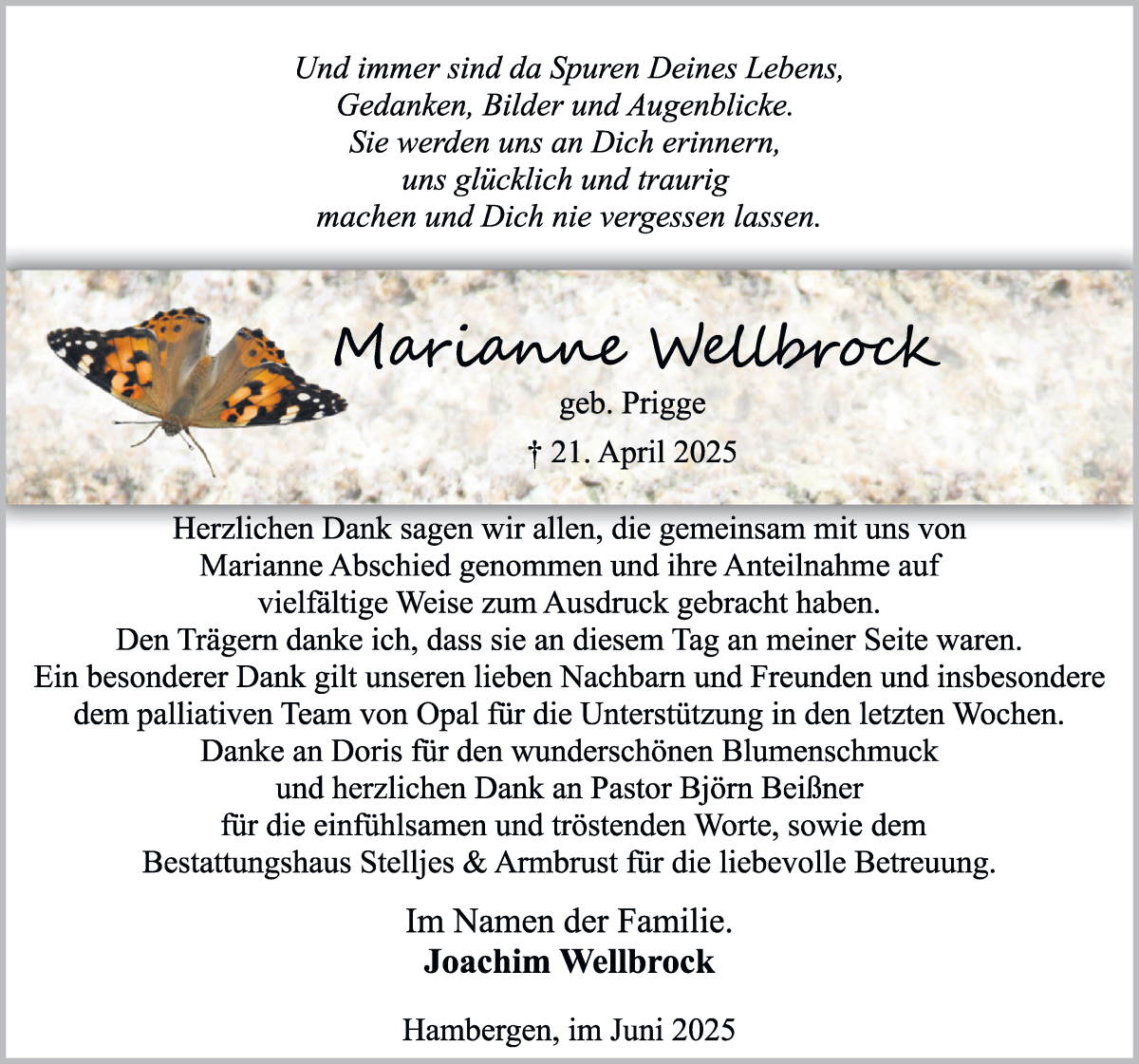 Traueranzeige von Marianne Wellbrock von Osterholzer Kreisblatt