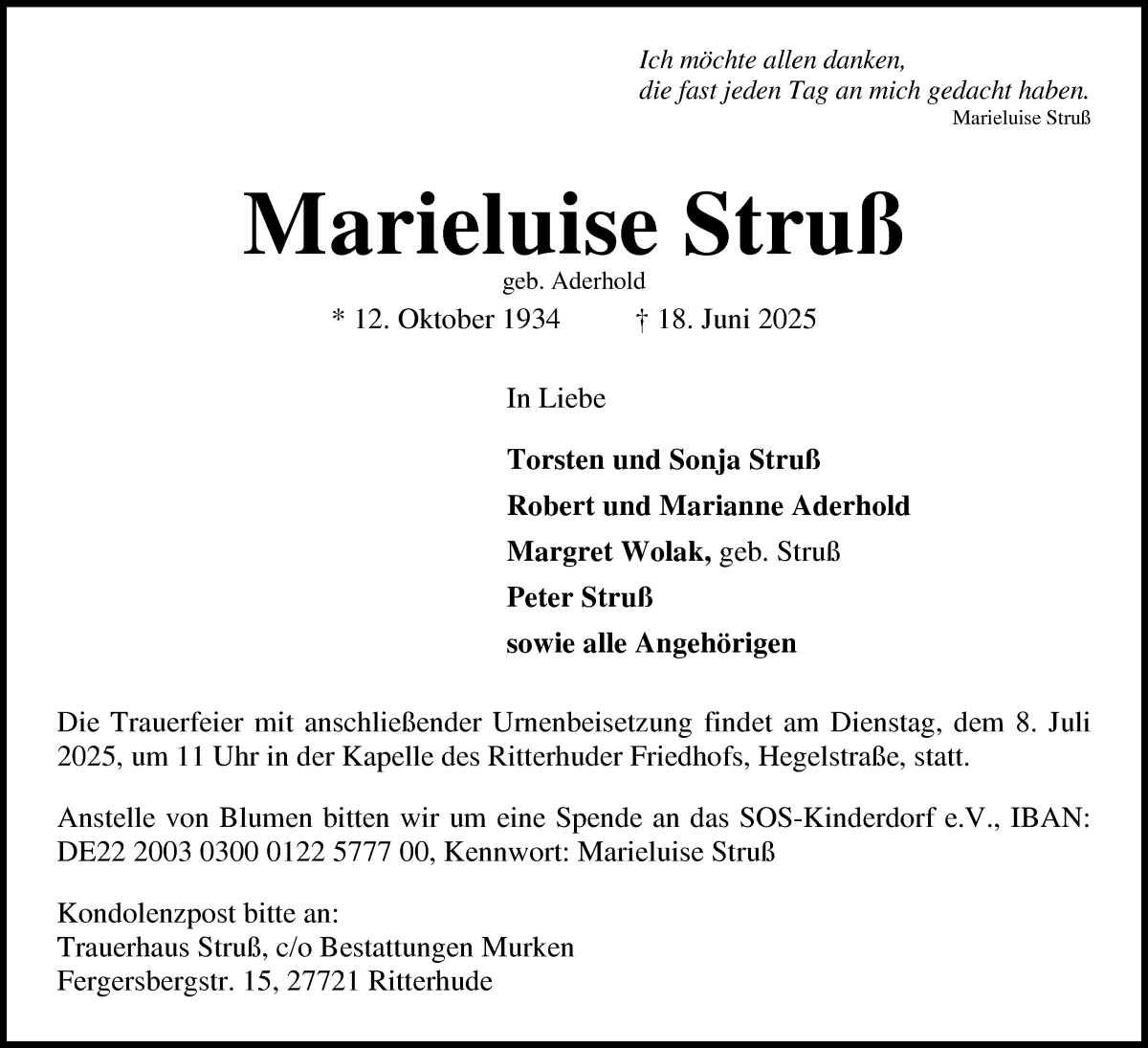 Traueranzeige von Marieluise Struß von Osterholzer Kreisblatt
