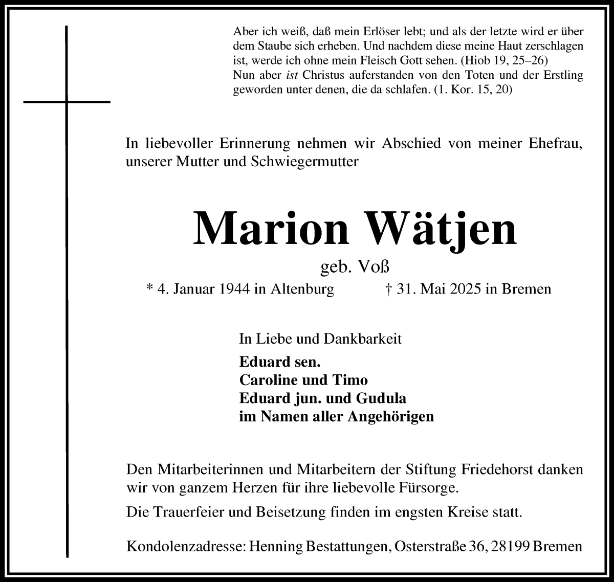 Traueranzeige von Marion Wätjen von WESER-KURIER