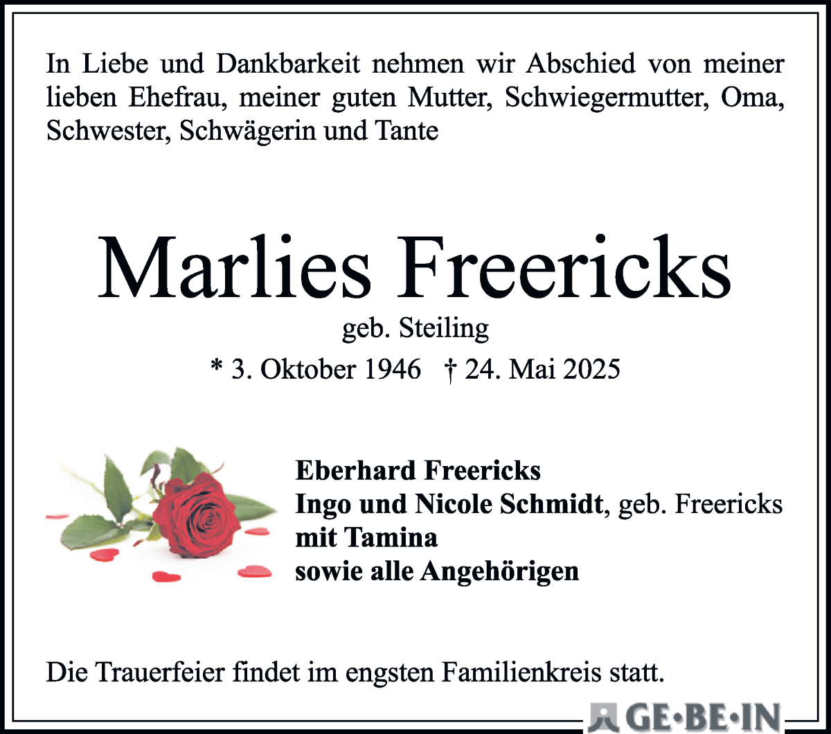 Traueranzeige von Marlies Freericks von WESER-KURIER