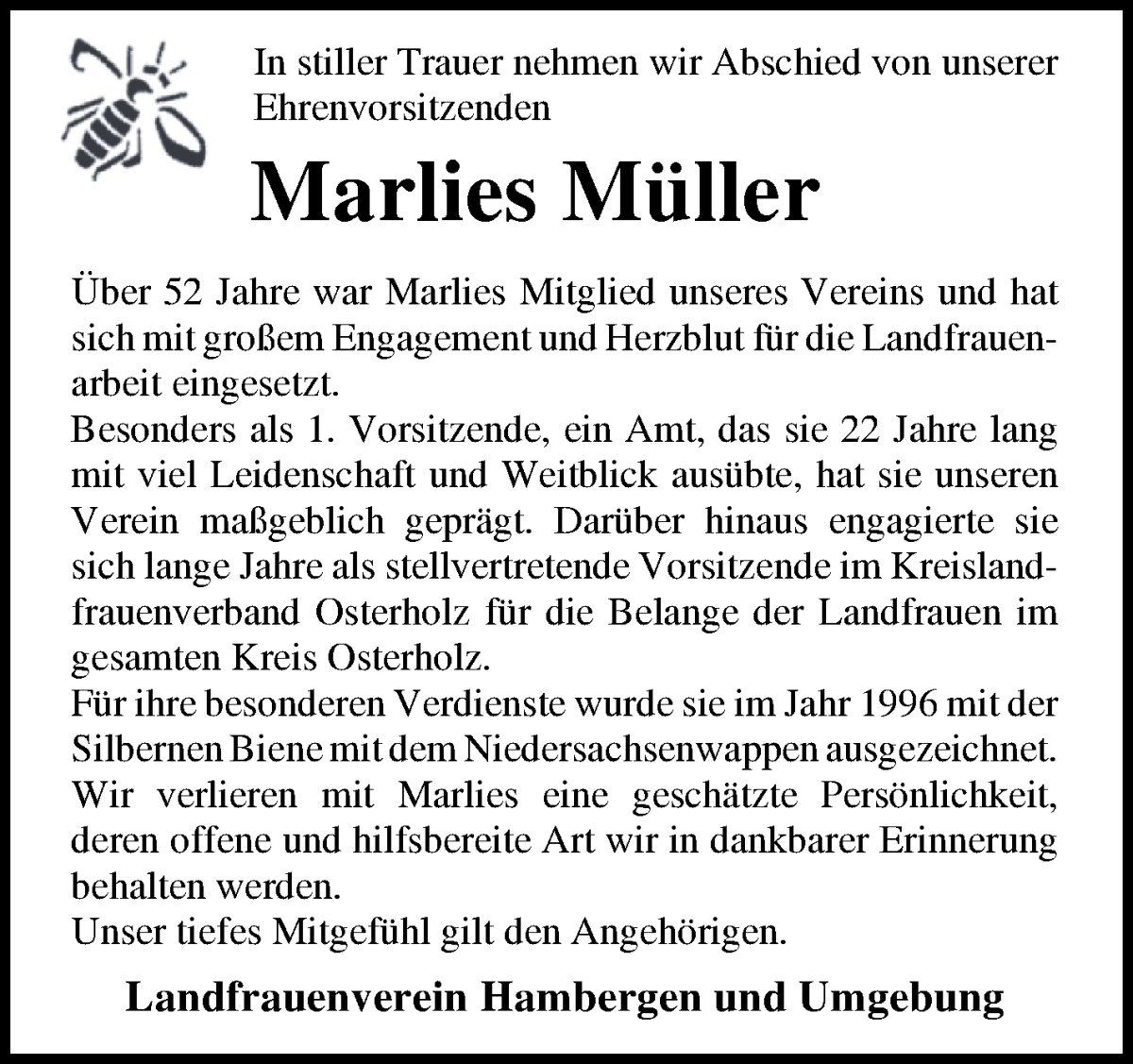 Traueranzeige von Marlies Müller von Osterholzer Kreisblatt