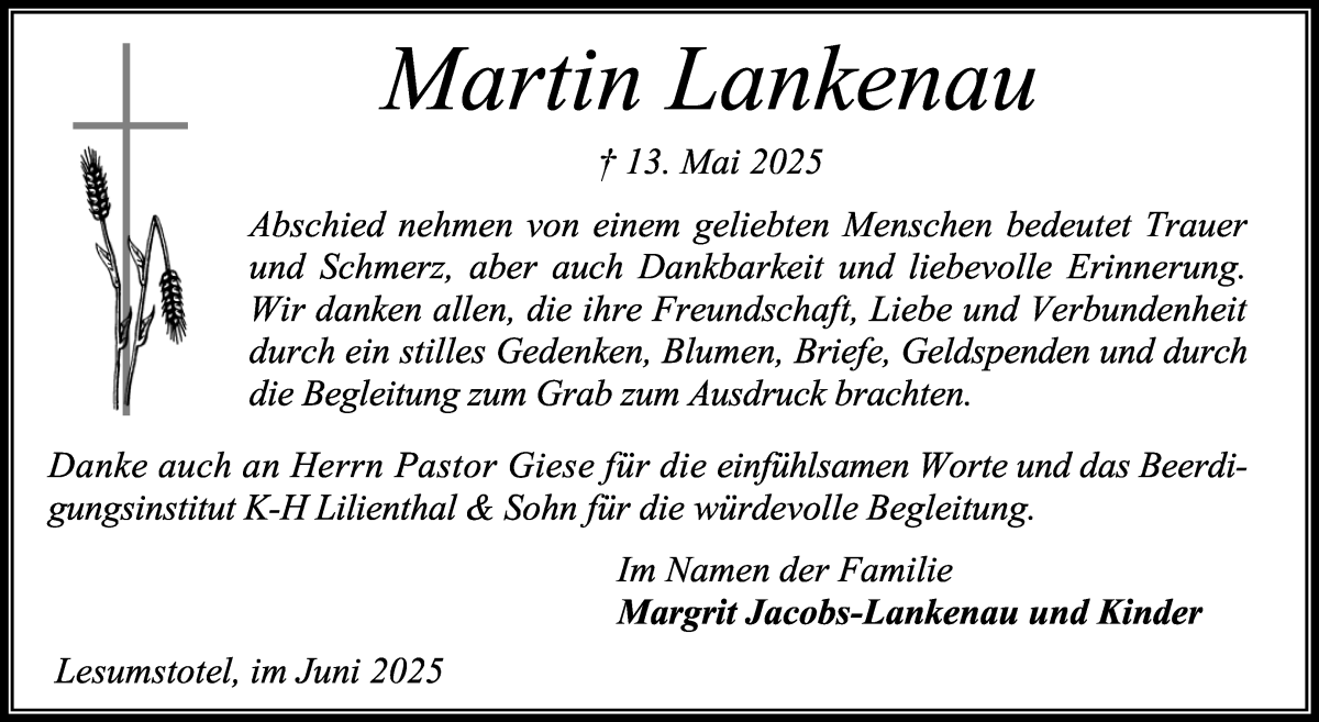 Traueranzeige von Martin Lankenau von Osterholzer Kreisblatt