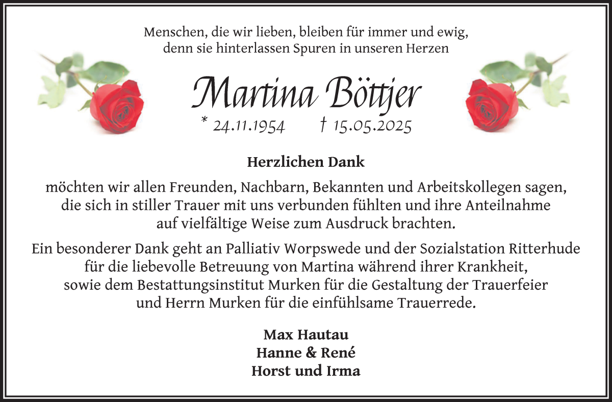 Traueranzeige von Martina Böttjer von Osterholzer Kreisblatt