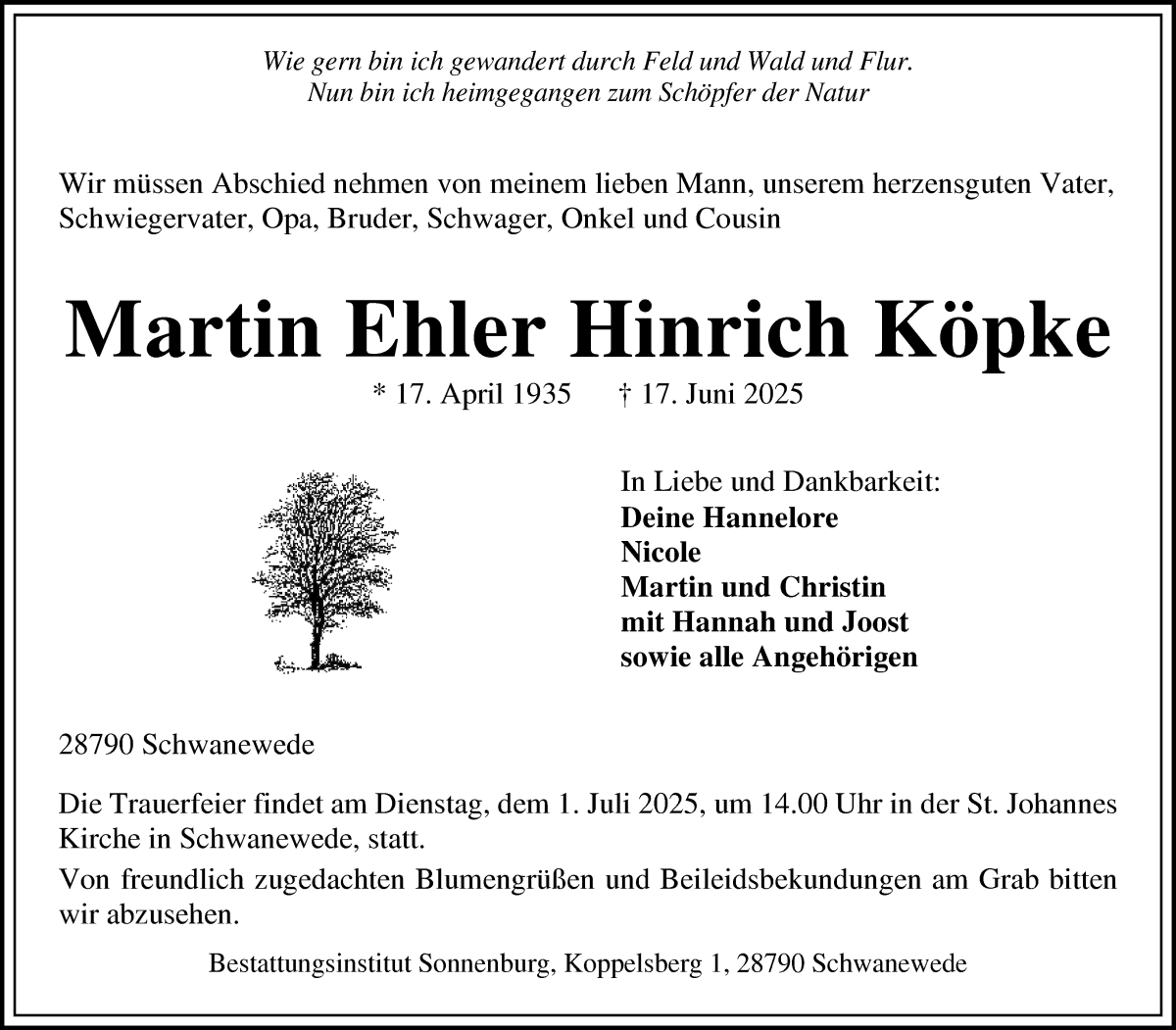 Traueranzeige von Martin Ehler Hinrich Köpke von Die Norddeutsche
