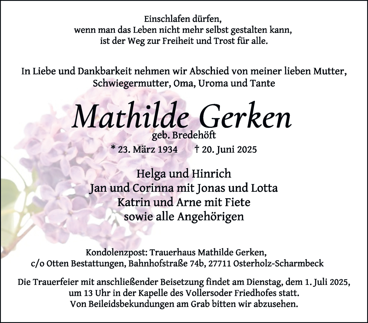 Traueranzeige von Mathilde Gerken von Osterholzer Kreisblatt