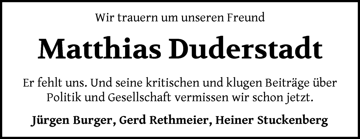 Traueranzeige von Matthias Duderstadt von WESER-KURIER