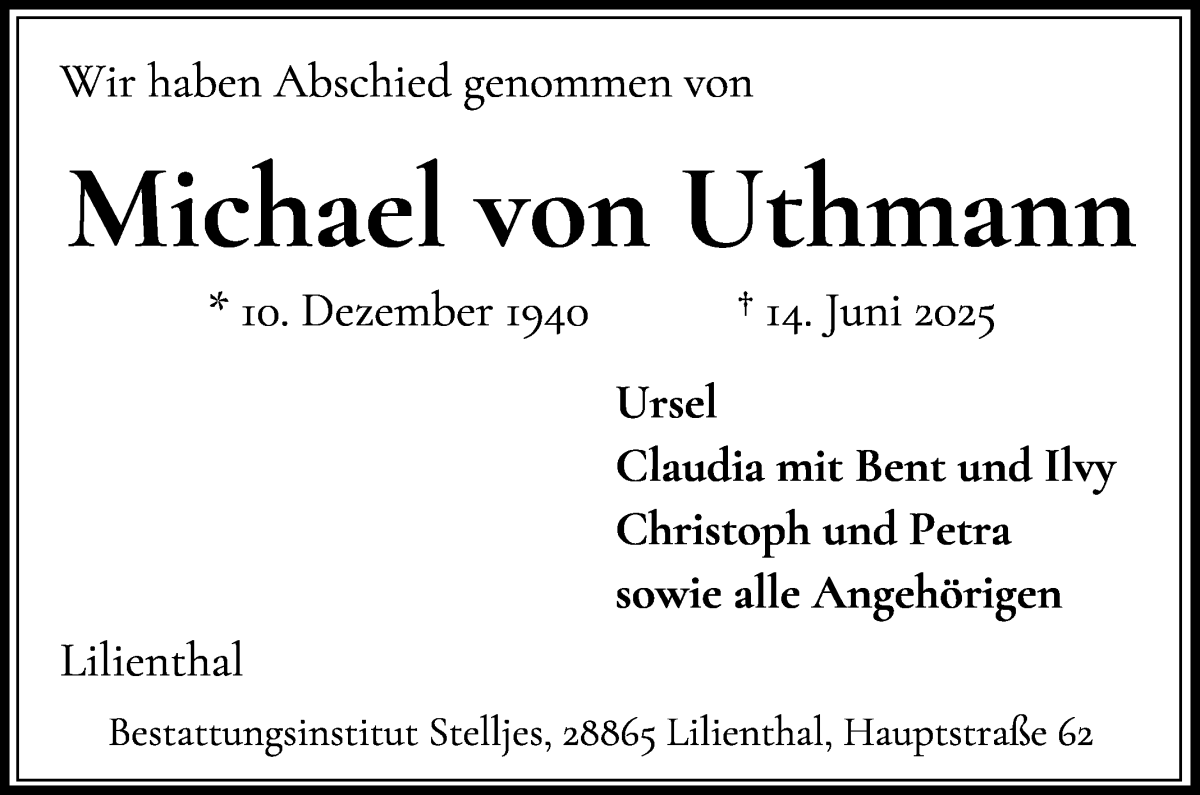 Traueranzeige von Michael von Uthmann von WESER-KURIER