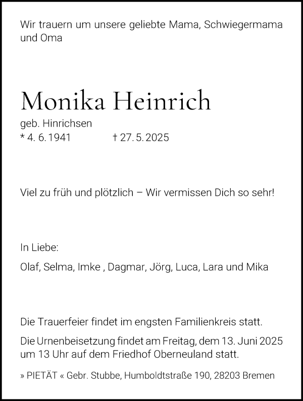 Traueranzeige von Monika Heinrich von WESER-KURIER