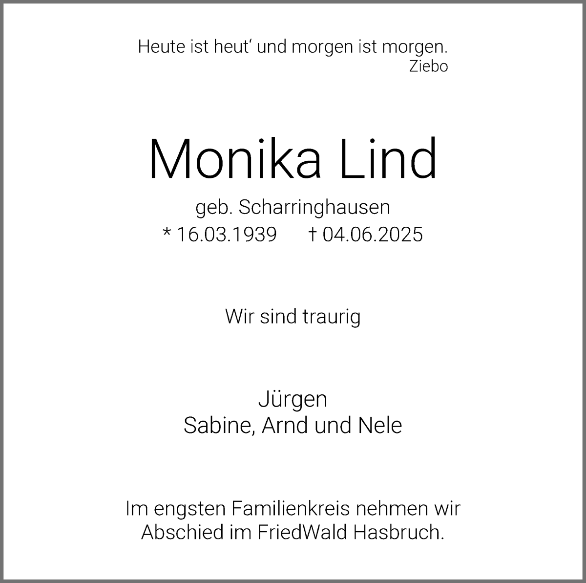 Traueranzeige von Monika Lind von WESER-KURIER