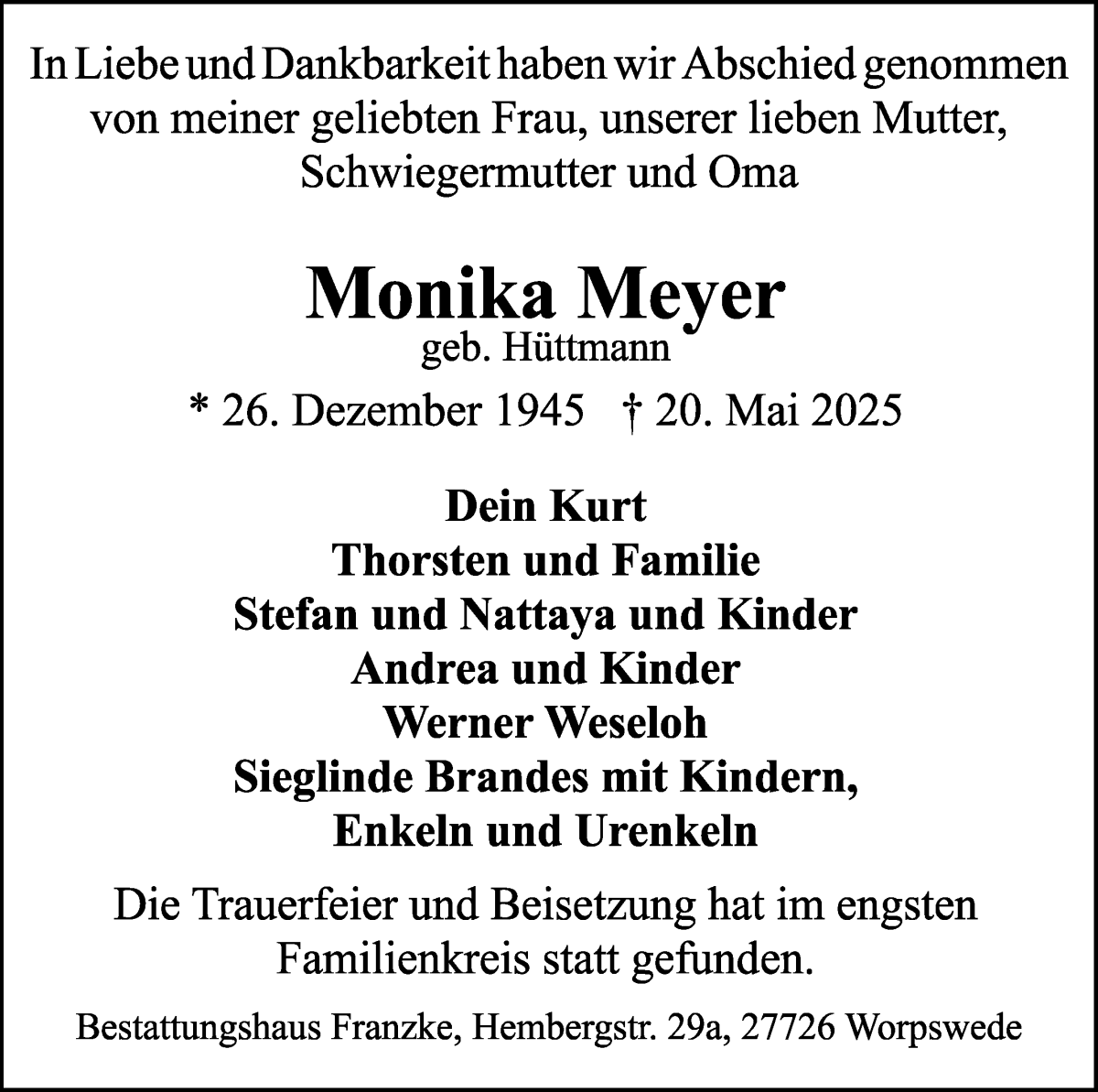 Traueranzeige von Monika Meyer von Wuemme Zeitung