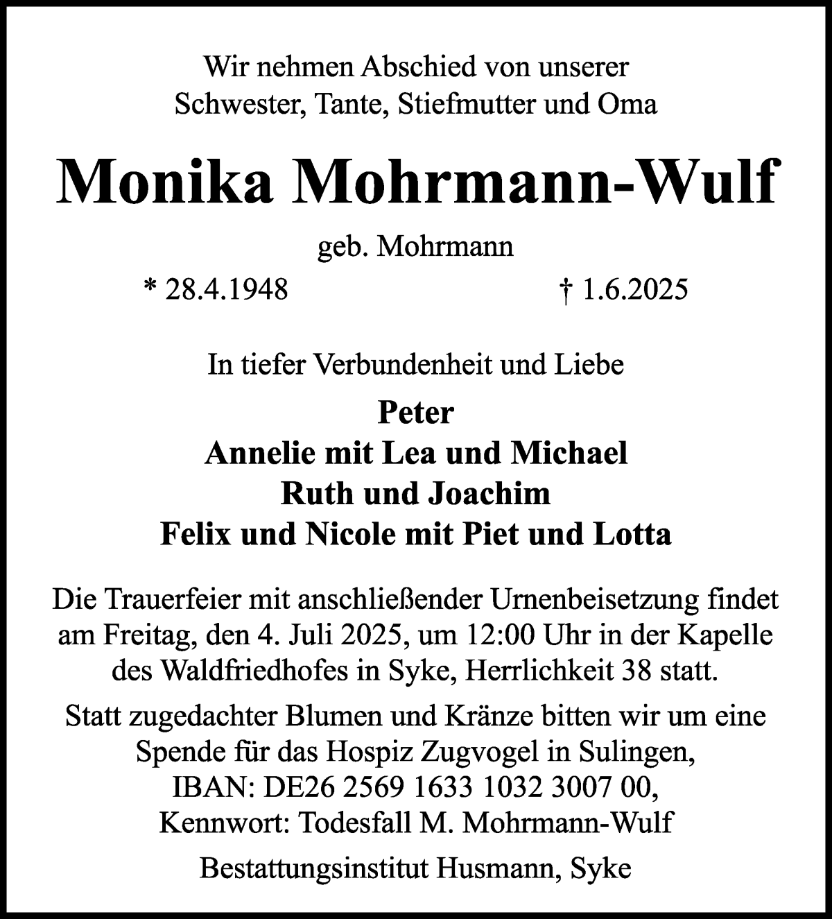 Traueranzeige von Monika Mohrmann-Wulf von WESER-KURIER