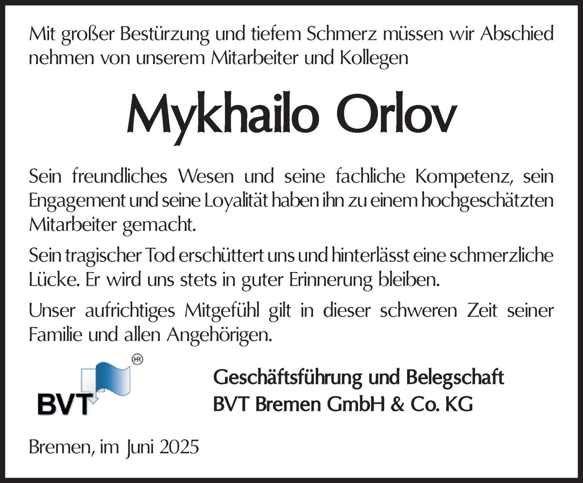 Traueranzeige von Mykhailo Orlov von Die Norddeutsche