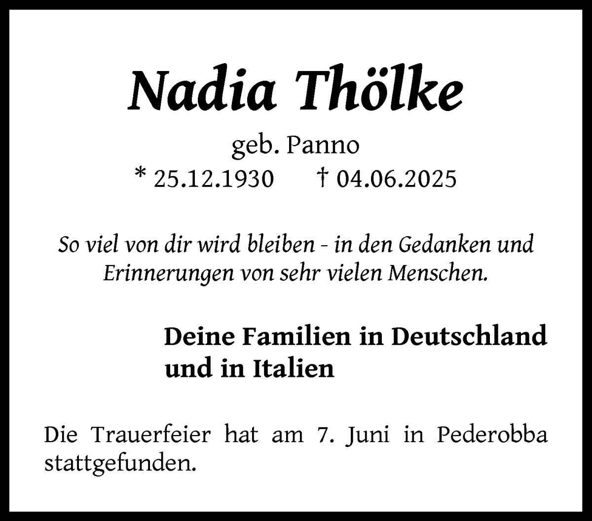 Traueranzeige von Nadia Thölke von WESER-KURIER