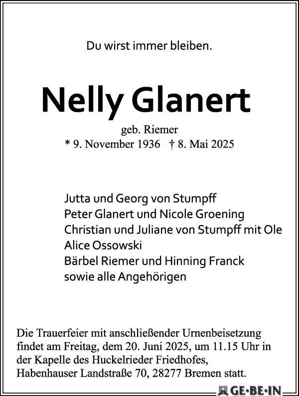 Traueranzeige von Nelly Glanert von WESER-KURIER