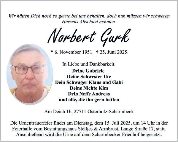 Traueranzeige von Norbert Gurk von Osterholzer Kreisblatt