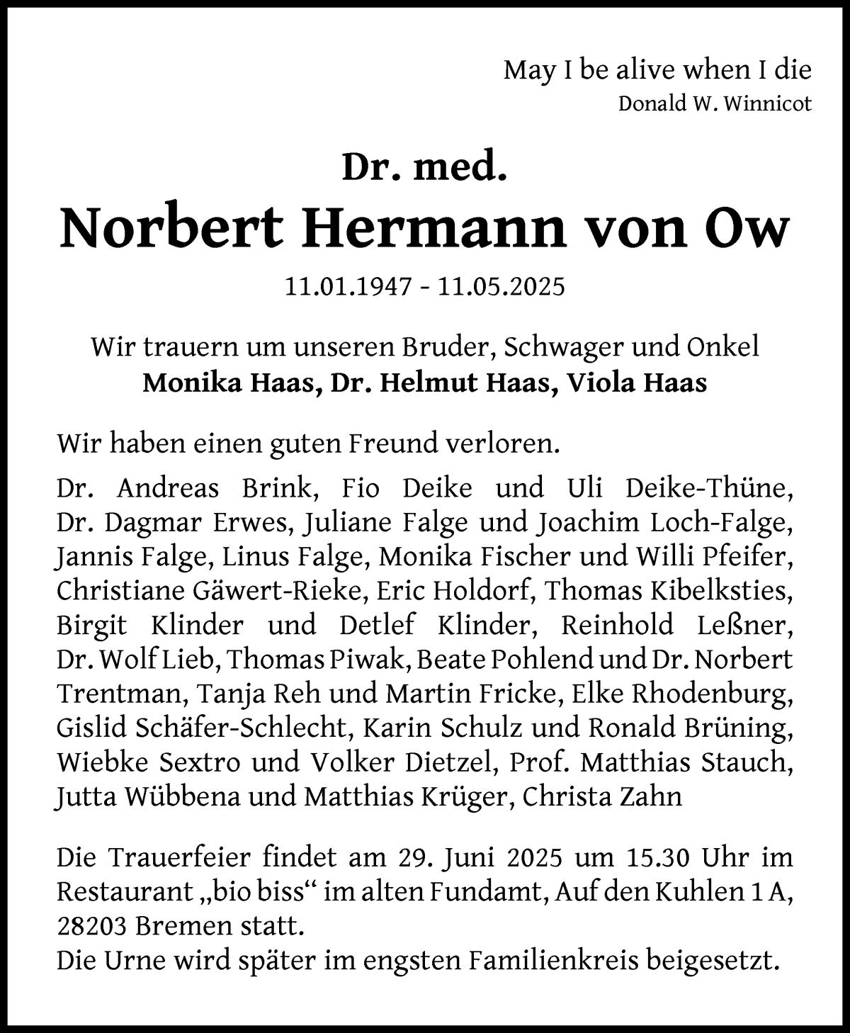 Traueranzeige von Norbert Hermann von Ow von WESER-KURIER