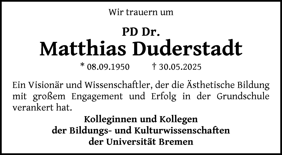 Traueranzeige von PD Dr. Matthias Duderstadt von WESER-KURIER