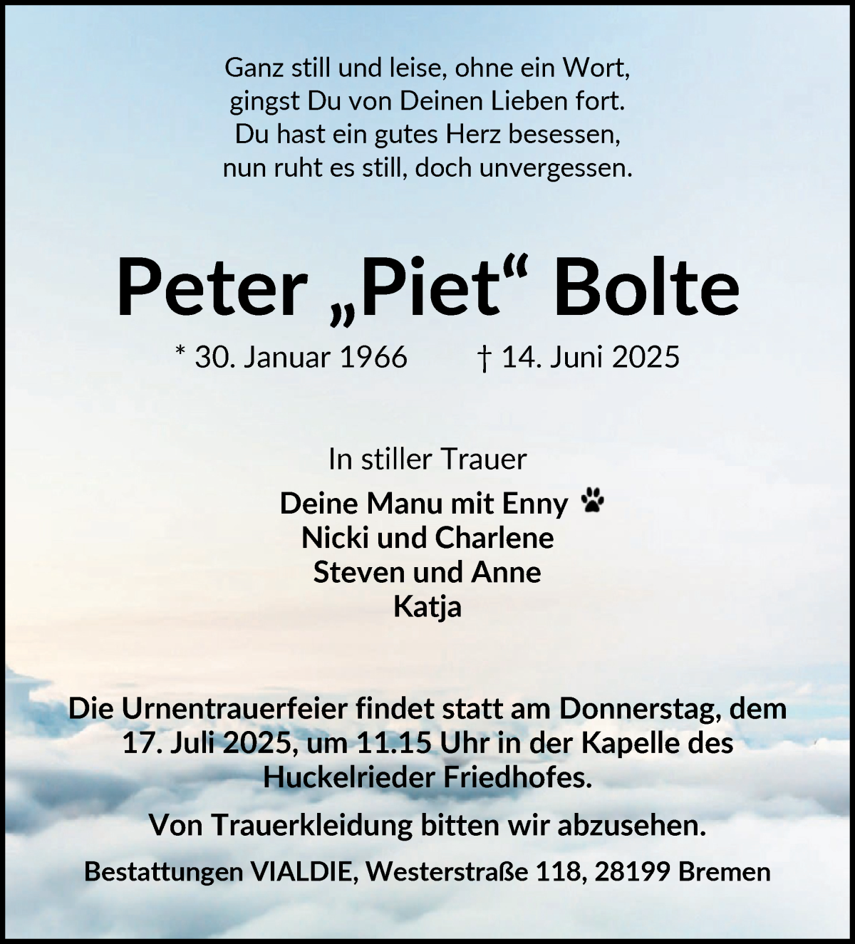 Traueranzeige von Peter Bolle von WESER-KURIER