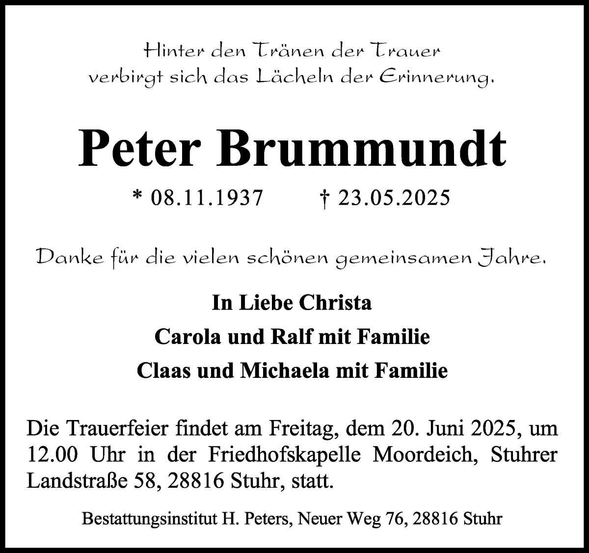 Traueranzeige von Peter Brummundt von WESER-KURIER