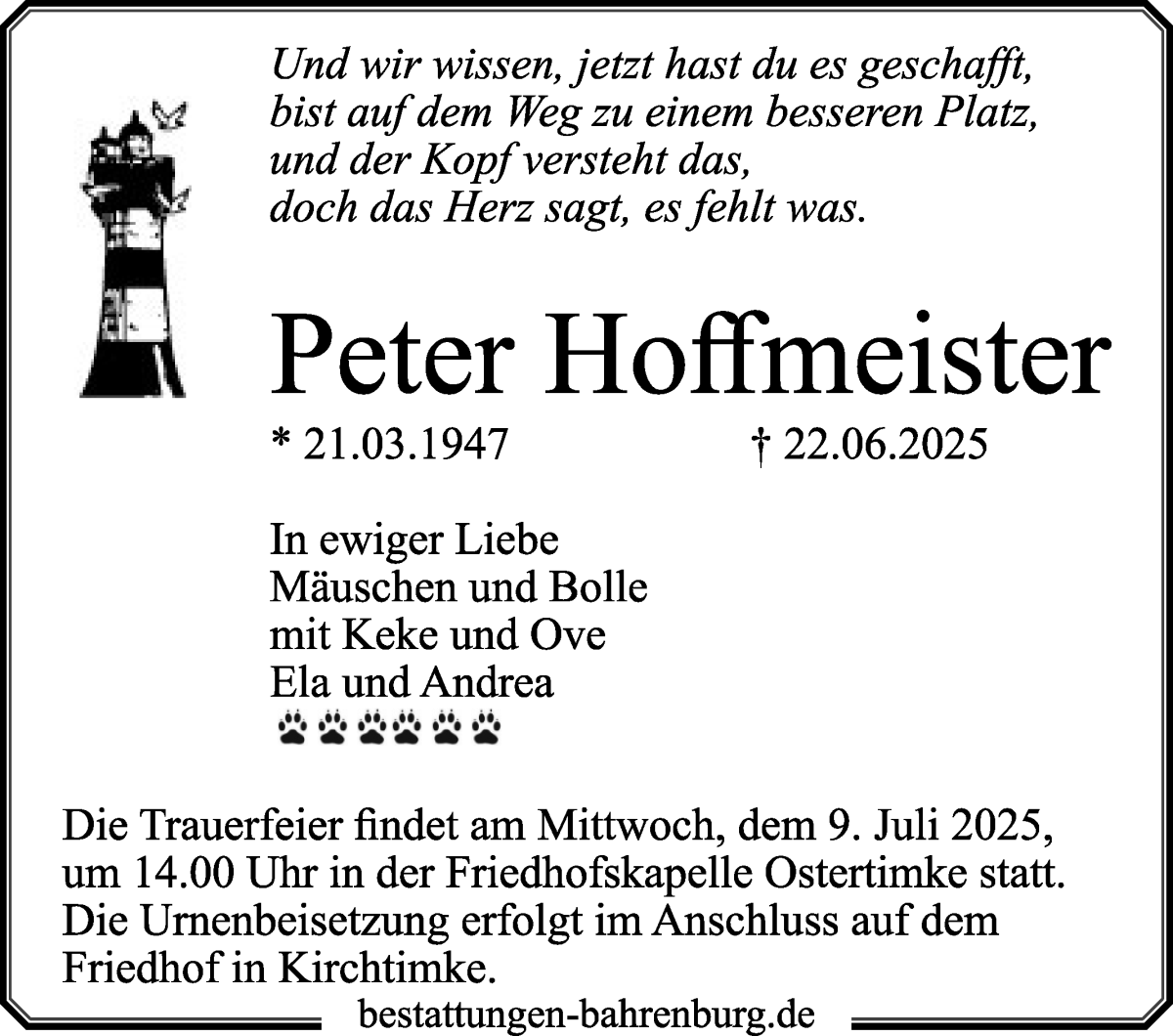 Traueranzeige von Peter Hoffmeister von WESER-KURIER