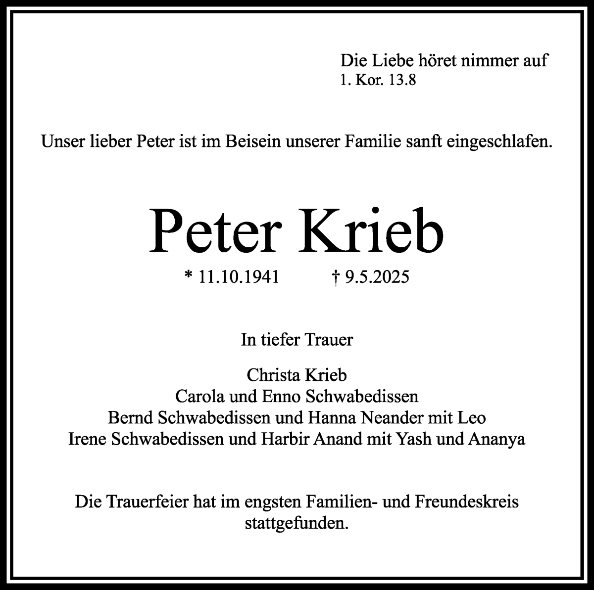 Traueranzeige von Peter Krieb von WESER-KURIER