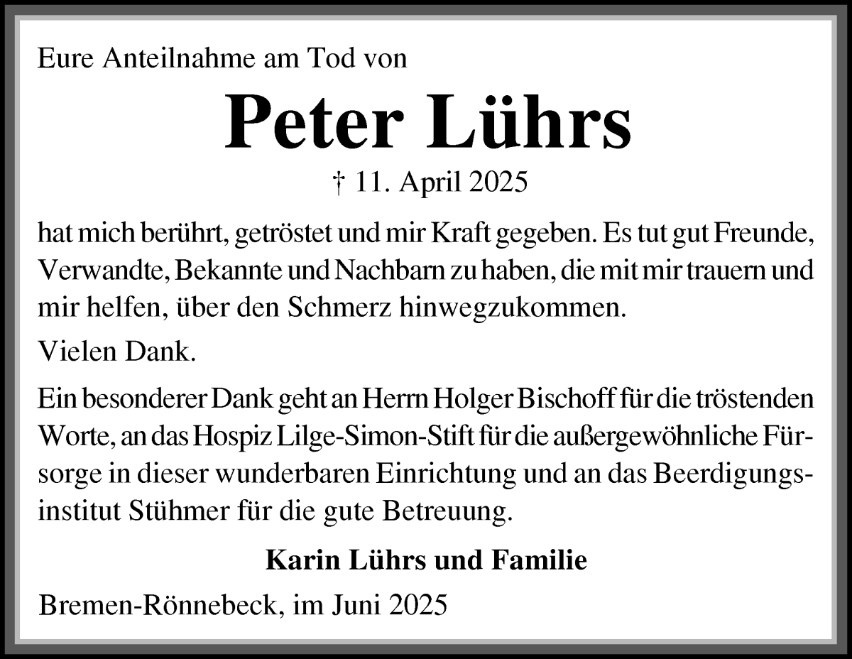 Traueranzeige von Peter Lührs von Die Norddeutsche