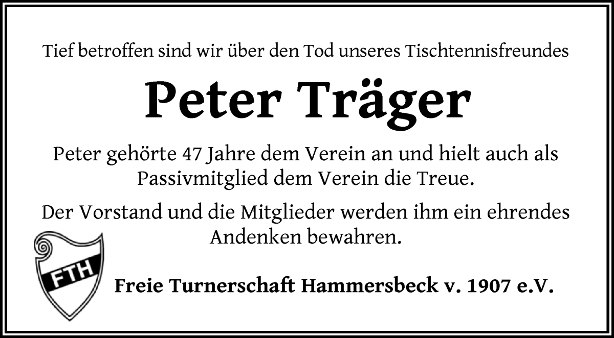 Traueranzeige von Peter Träger von Die Norddeutsche