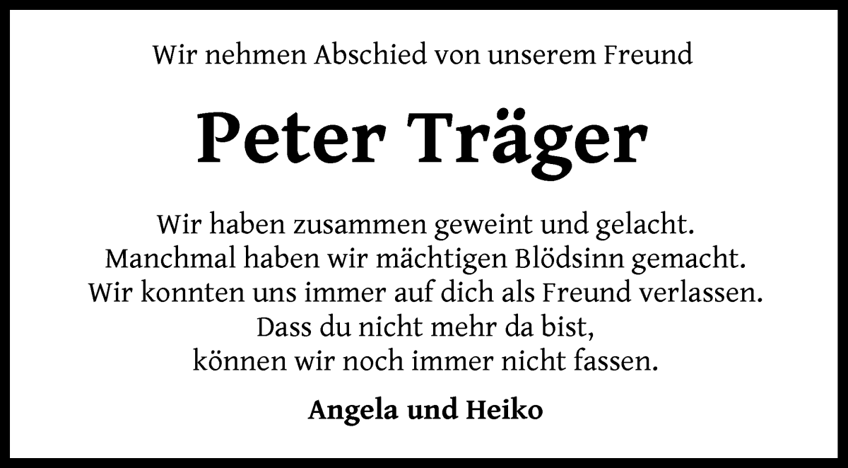 Traueranzeige von Peter Träger von Die Norddeutsche