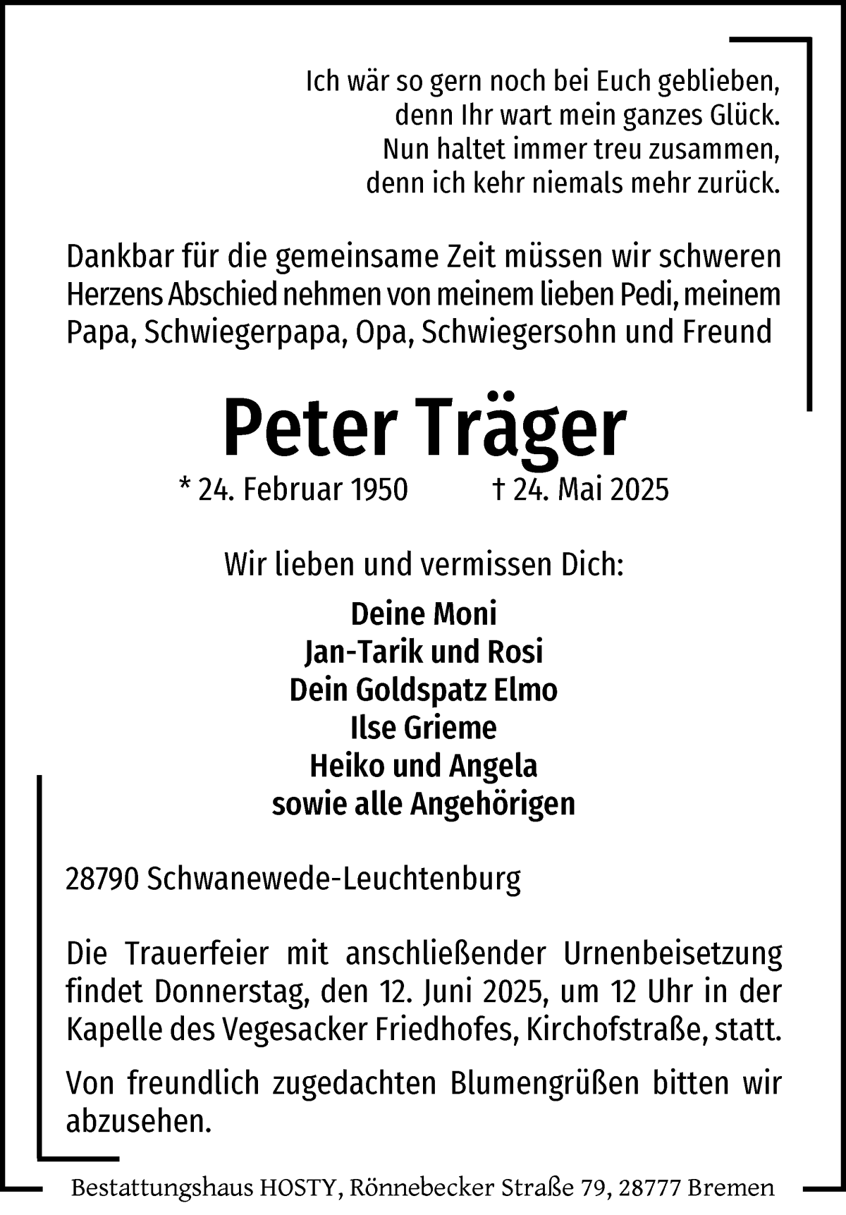 Traueranzeige von Peter Träger von WESER-KURIER