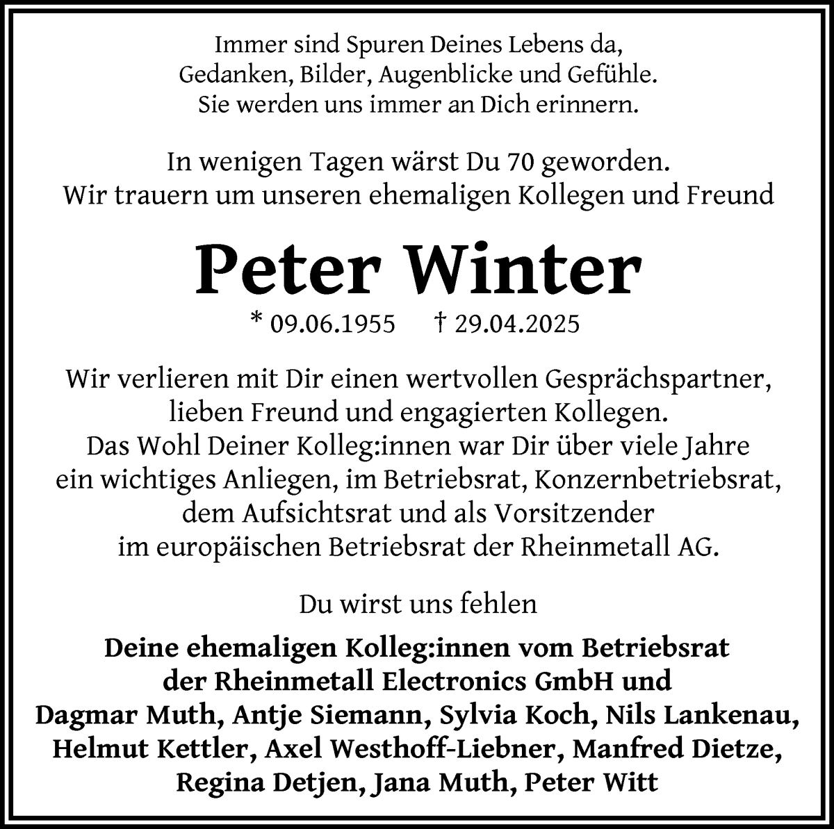 Traueranzeige von Peter Winter von WESER-KURIER