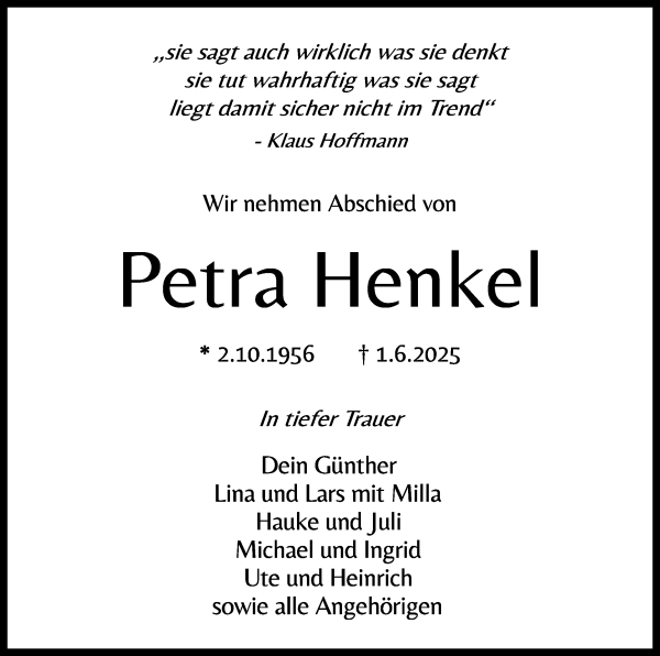 Traueranzeige von Petra Henkel von WESER-KURIER