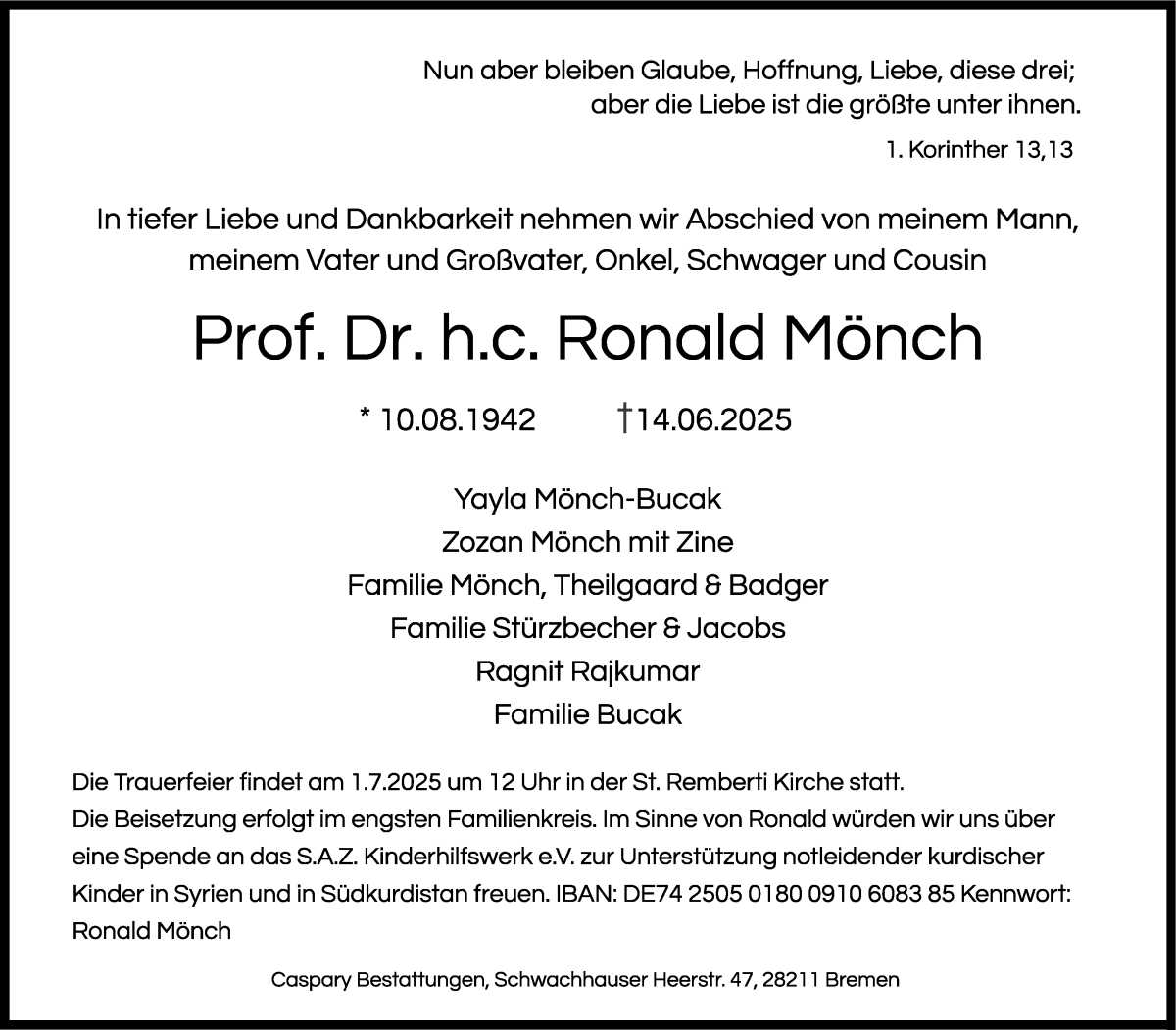 Traueranzeige von Prof. Dr. h.c. Ronald Mönch von WESER-KURIER