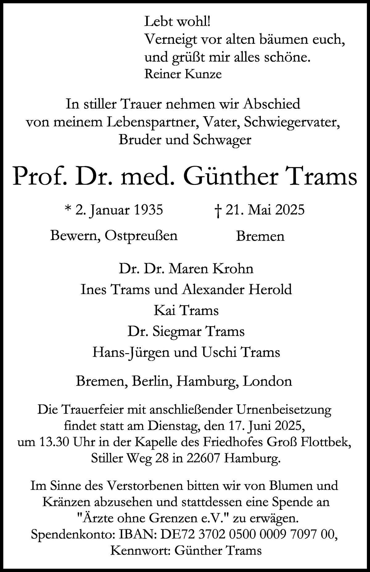 Traueranzeige von Prof. Dr. med. Günther Trams von WESER-KURIER