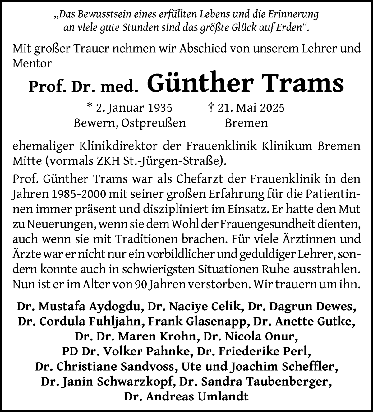 Traueranzeige von Prof. Dr. med. Günther Trams von WESER-KURIER