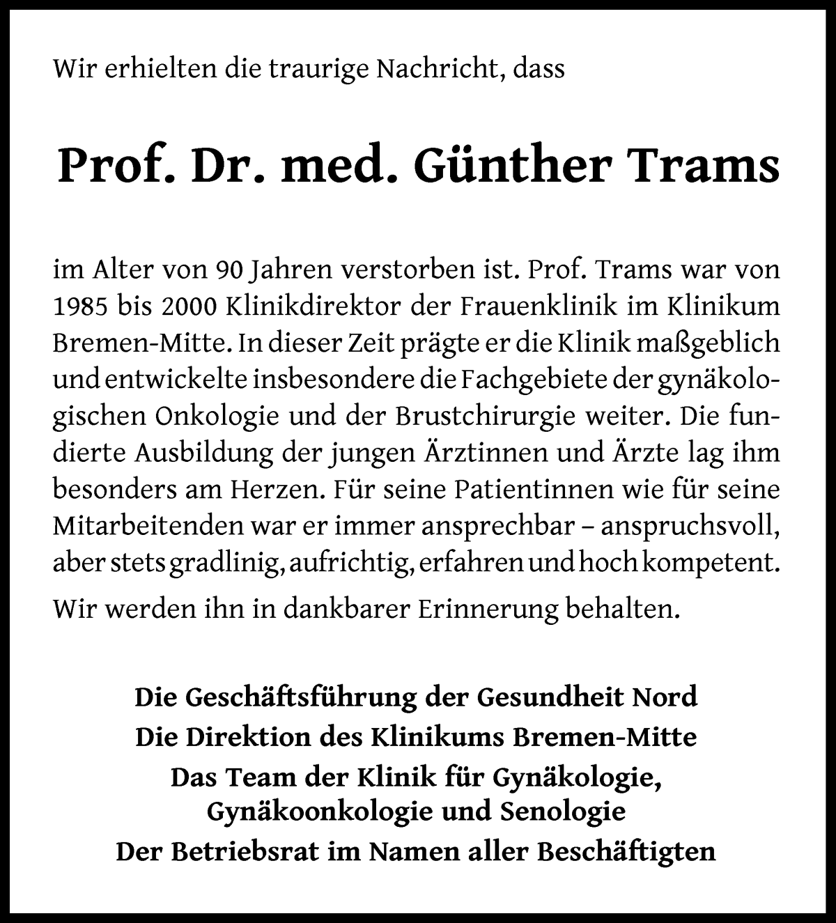 Traueranzeige von Prof. Dr. med. Günther Trams von WESER-KURIER