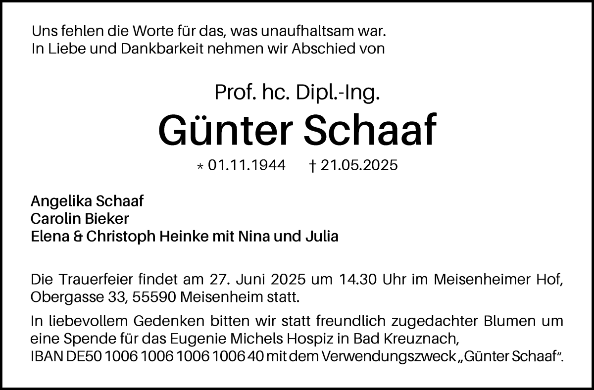 Traueranzeige von Prof. hc. Dipl. Ing. Günter Schaaf von WESER-KURIER
