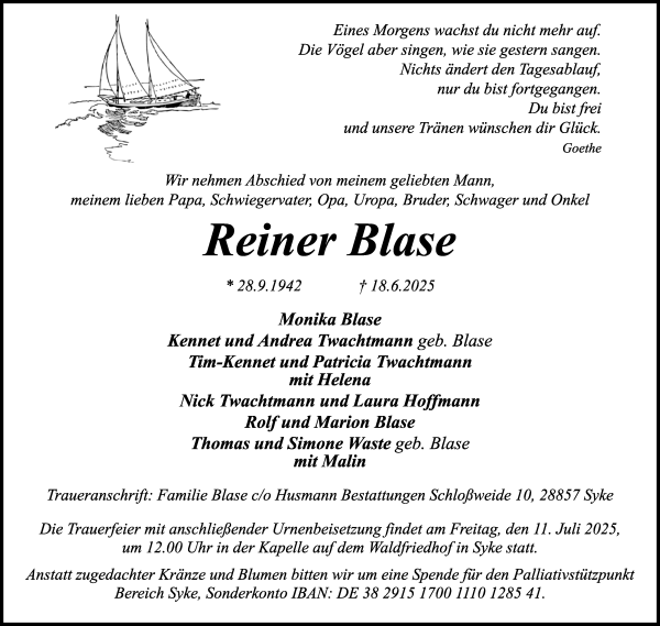 Traueranzeige von Reiner Blase von WESER-KURIER