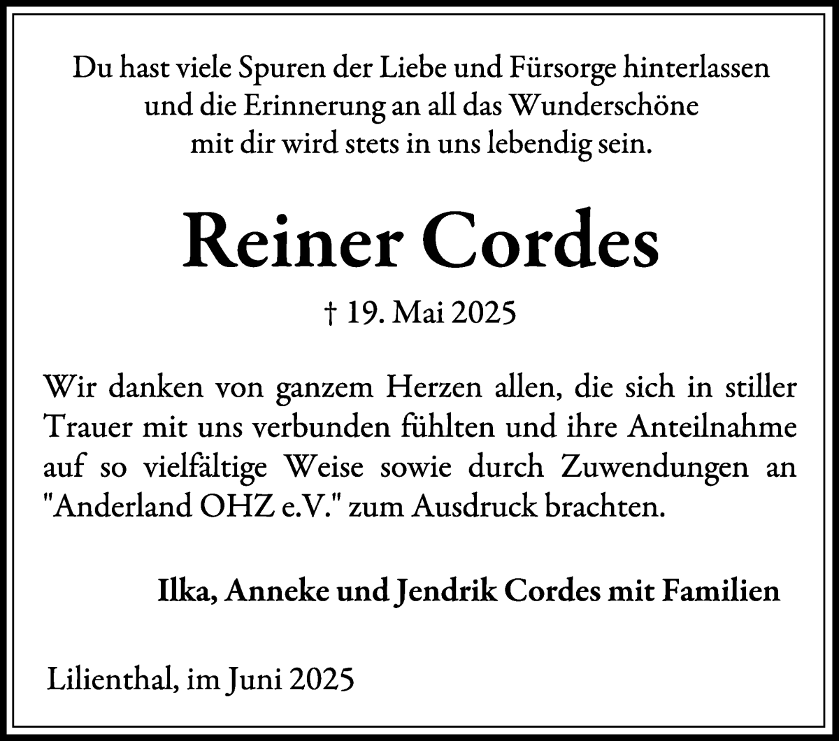 Traueranzeige von Reiner Cordes von Wuemme Zeitung