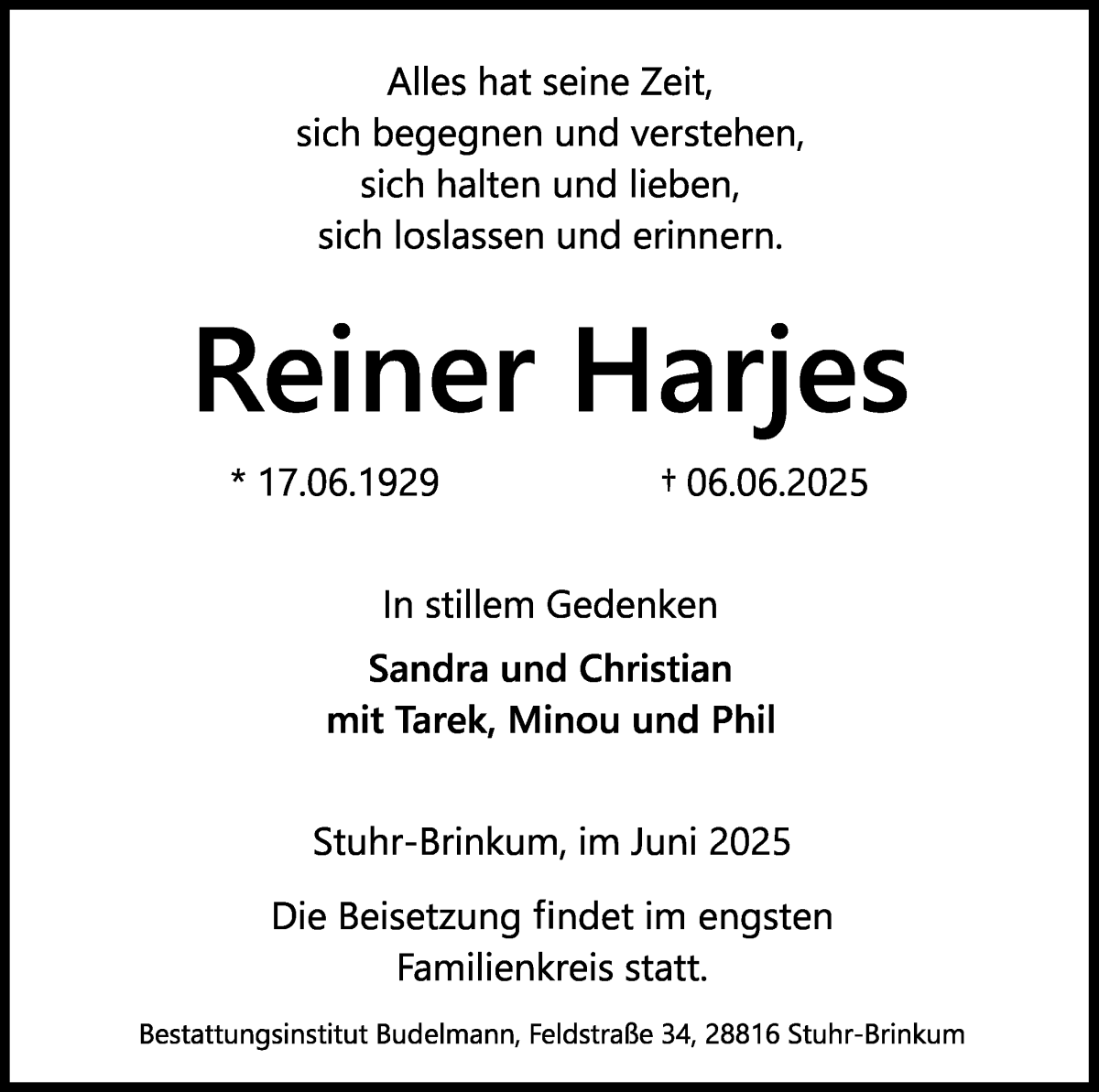 Traueranzeige von Reiner Harjes von Regionale Rundschau/Syker Kurier