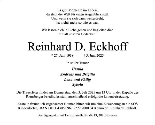 Traueranzeige von Reinhard Eckhoff von WESER-KURIER